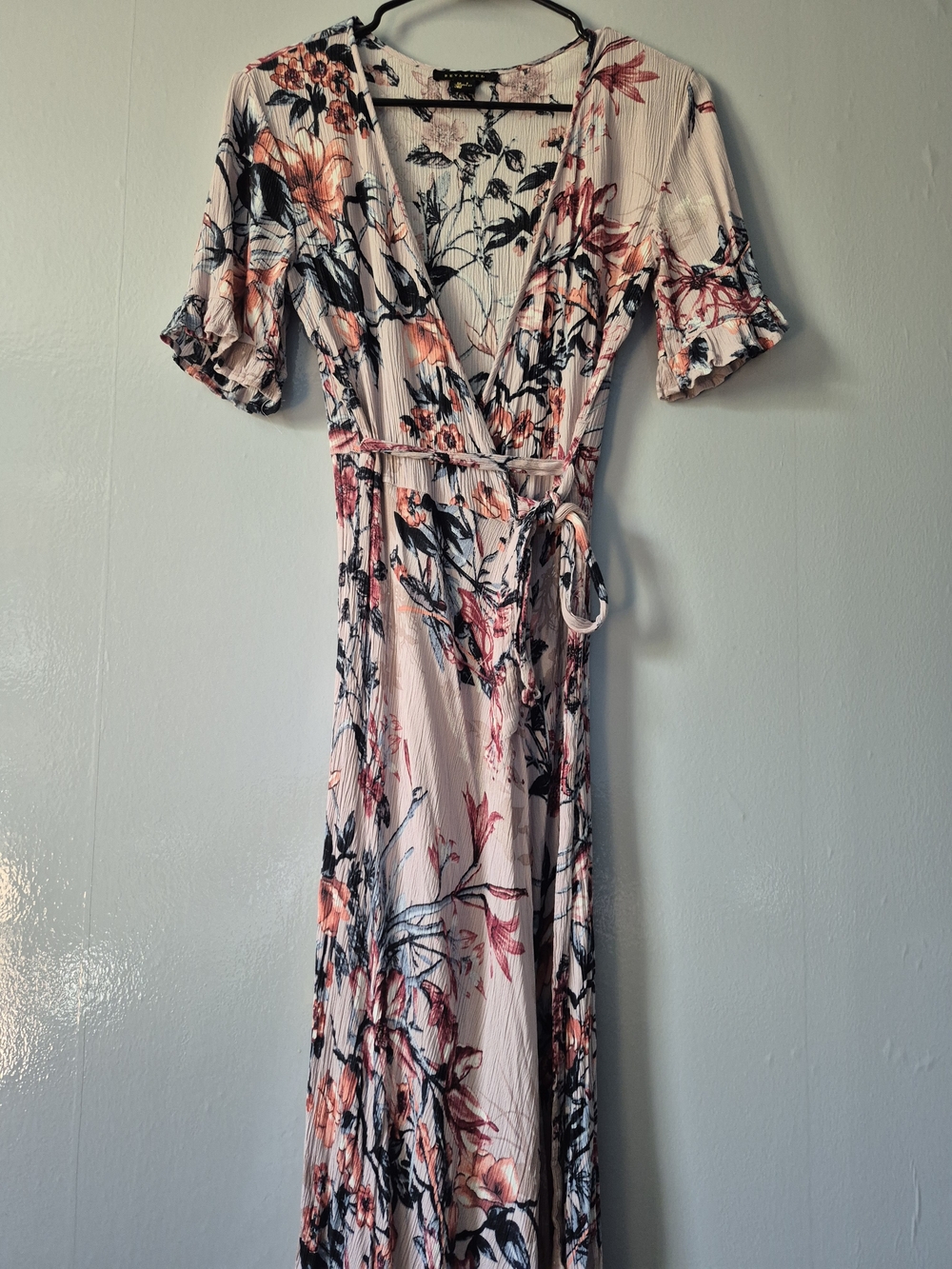 Revamped Floral Wrap Maxi Dress in Light Pink and Coral